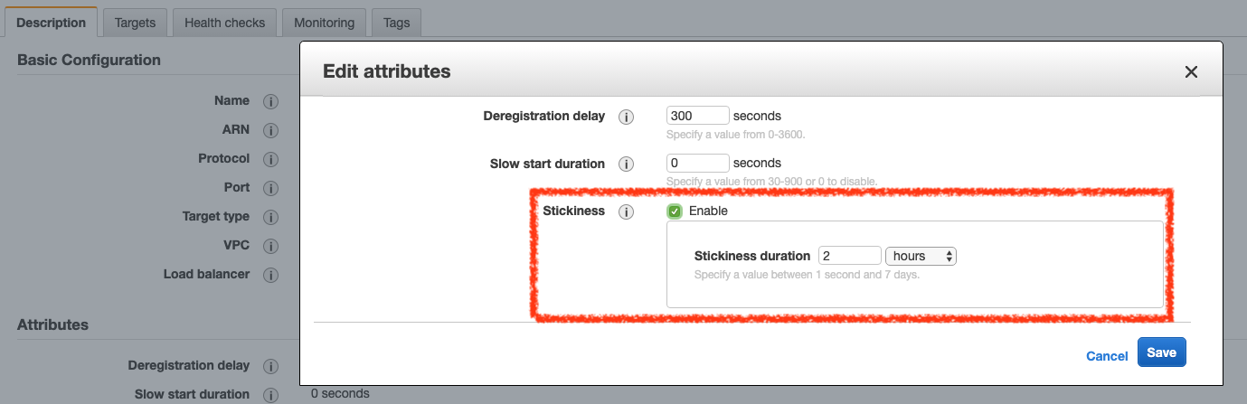 AWS Load Balancer Stickiness 設定視窗